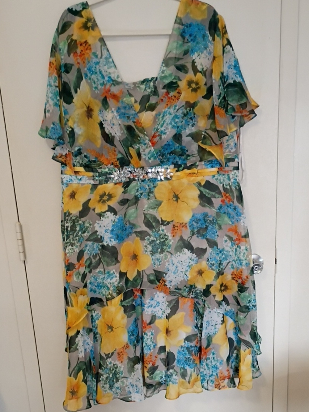 Roaman's Yellow & Blue Floral V-Neck Midi Cocktail Special Occasion Dress 30W